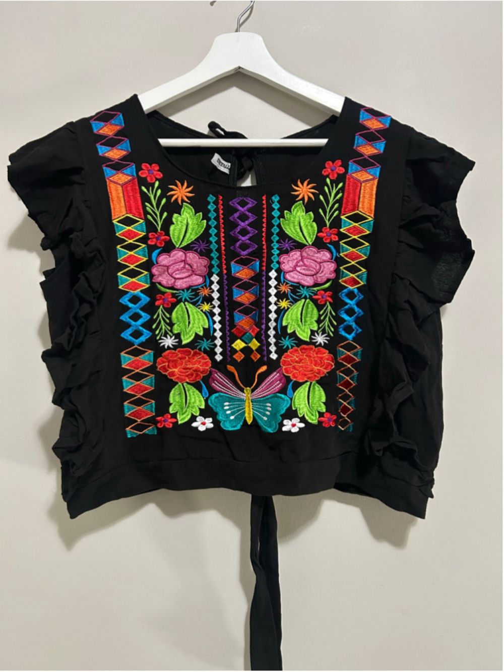 Women's Embroidered Floral Butterfly Blouse Black